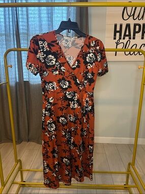 Floral Wrap Midi Dress in Rust with Tie Waist